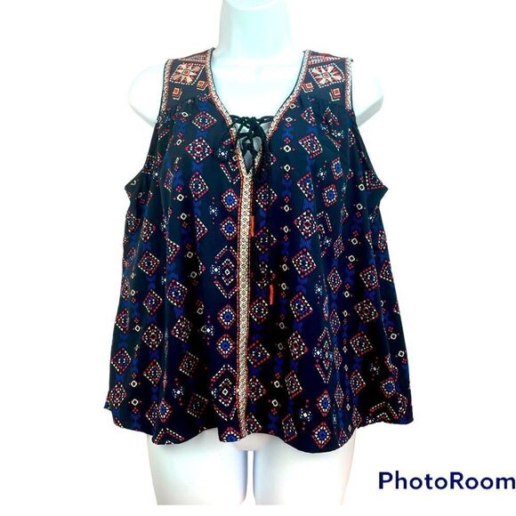 Rock ‘n’ roll cowgirl Embroidered Babydoll Western Peasant Top Navy Aztec print - Picture 10 of 11